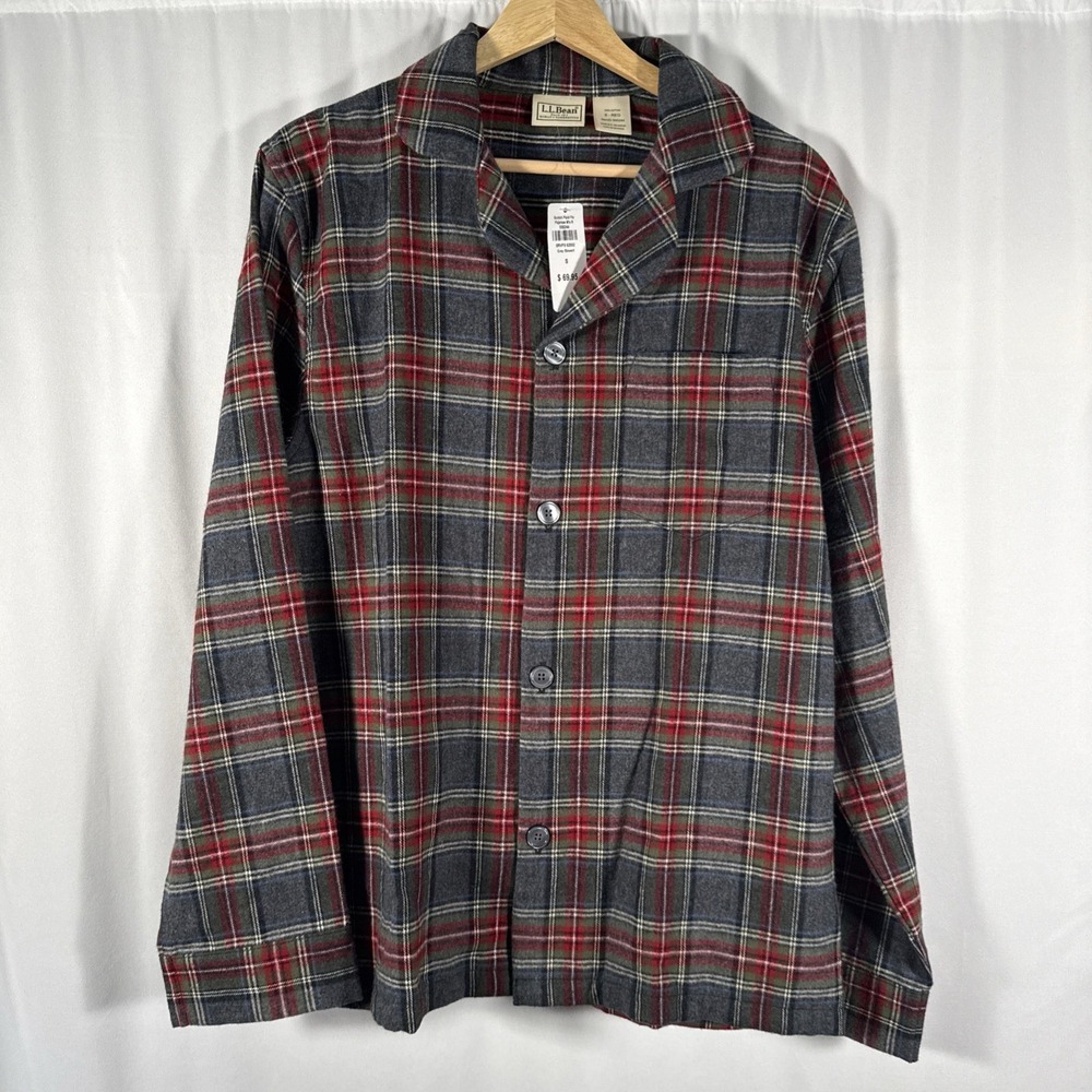LL Bean Grey Stewart‎ Tartan Scotch Plaid Flannel Pajama Shirt Mens S NWT 500244
